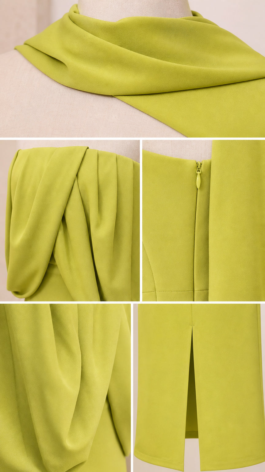 Close-up details of dress fabric, neckline scarf, and bodice draping