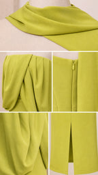 Close-up details of dress fabric, neckline scarf, and bodice draping