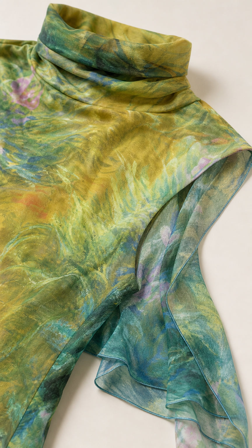 Close-up of fabric texture and cowl neckline detail