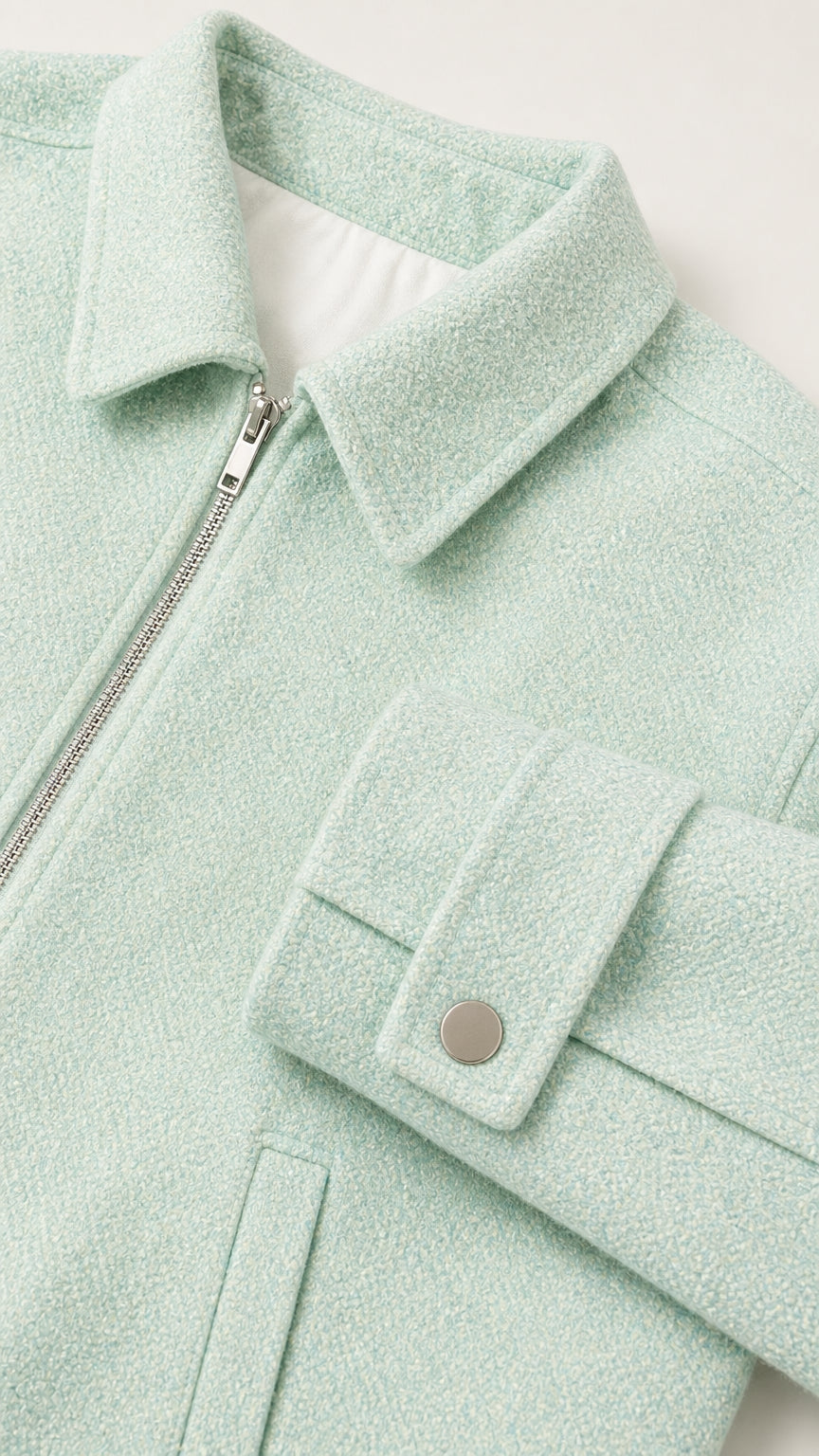 Close-up detail of mint green jacket collar and pocket
