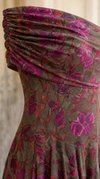 Close-up of ruched off-shoulder neckline and fabric texture