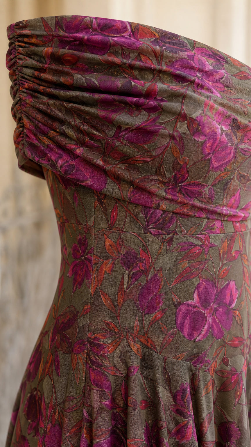 Close-up of ruched off-shoulder neckline and fabric texture