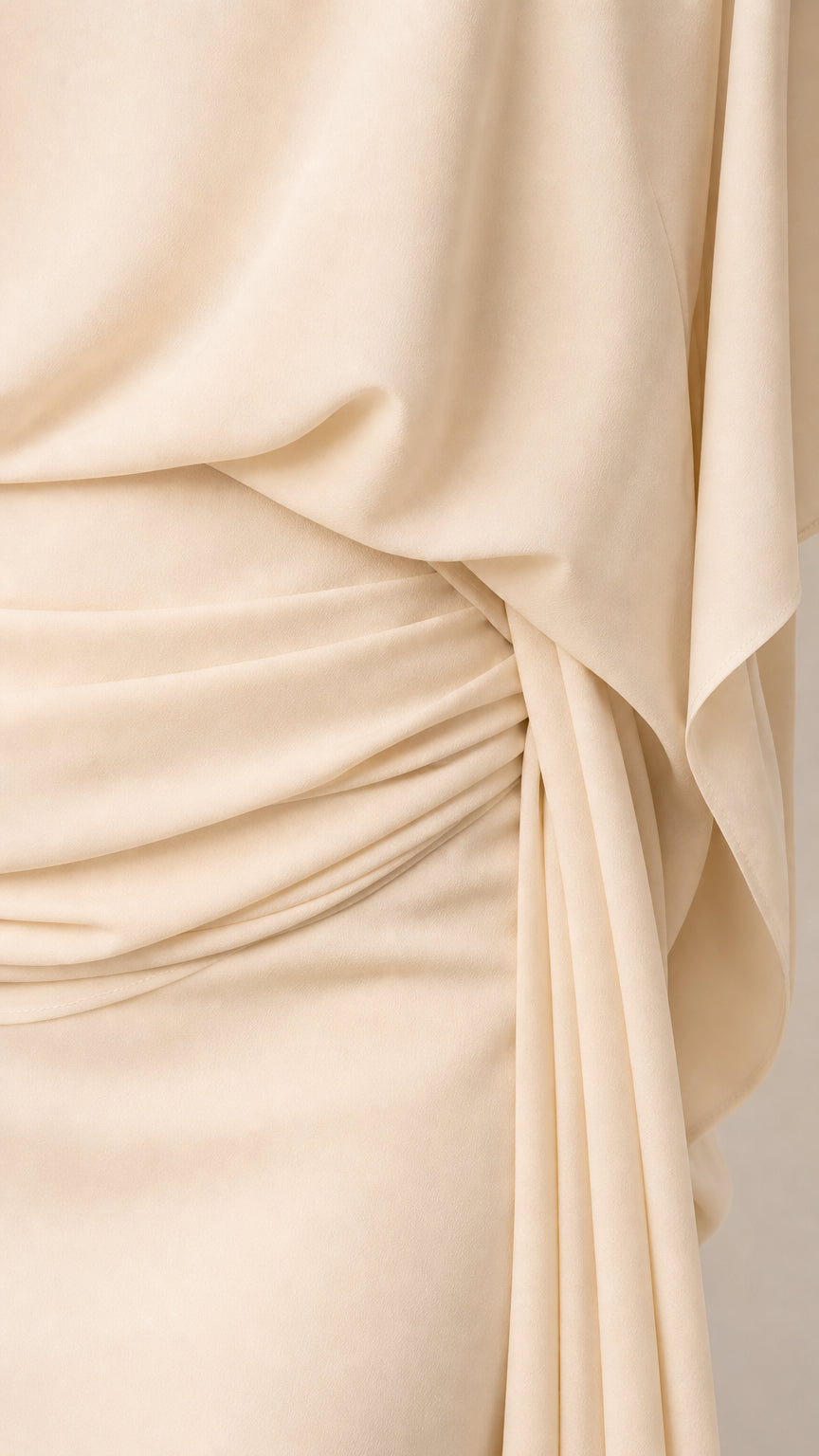 Close-up detail of fabric draping and gathering on beige dress