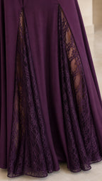 Close up of lace panel detail on purple maxi dress