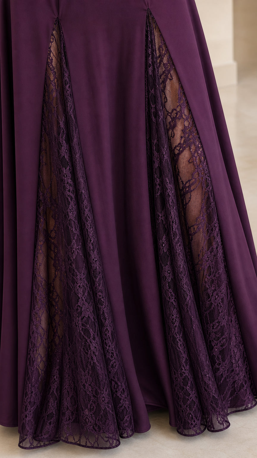 Close up of lace panel detail on purple maxi dress