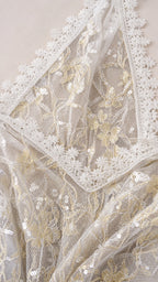 Close-up detail of lace trim and sequin embroidery