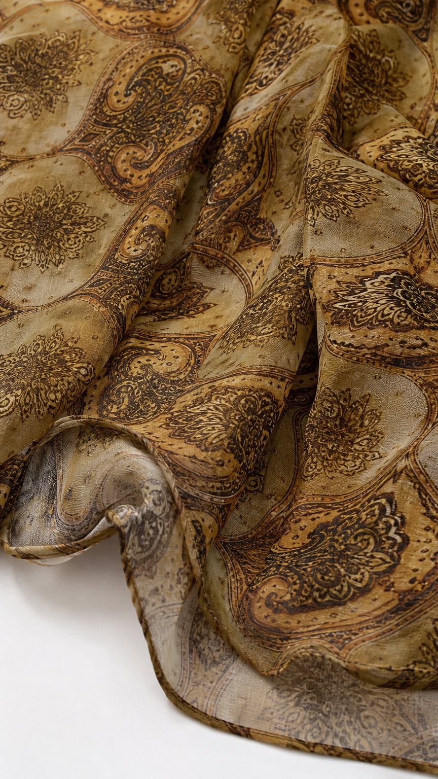 Close-up of lightweight olive paisley fabric texture