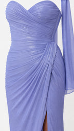 Close-up of the lavender ruched sweetheart bodice and waist detail