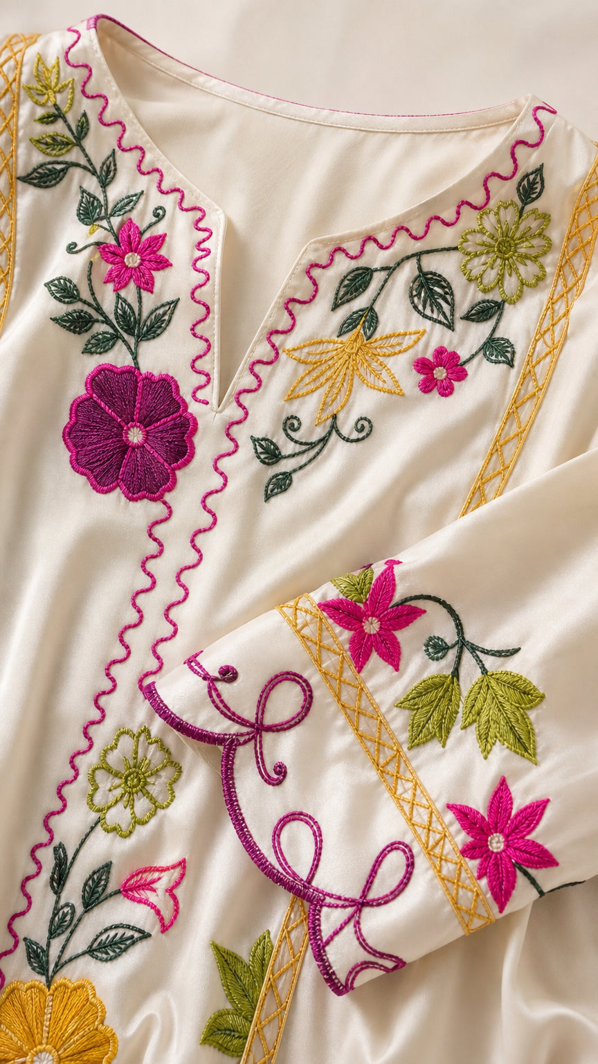 Close-up of neckline and sleeve floral embroidery and gold trim