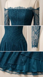 Close-up details of bodice, waist paneling, sleeves, and hem of lace gown