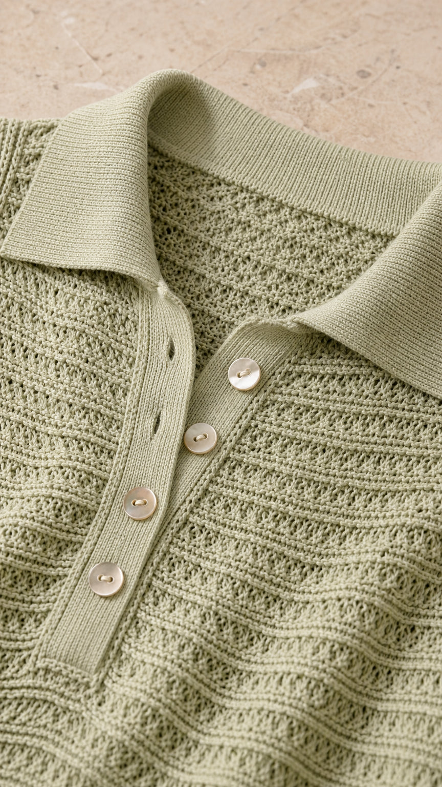 Close-up of polo collar and textured knit pattern on sage green dress