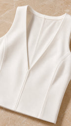 Close-up detail of white halter crop top with structural seaming