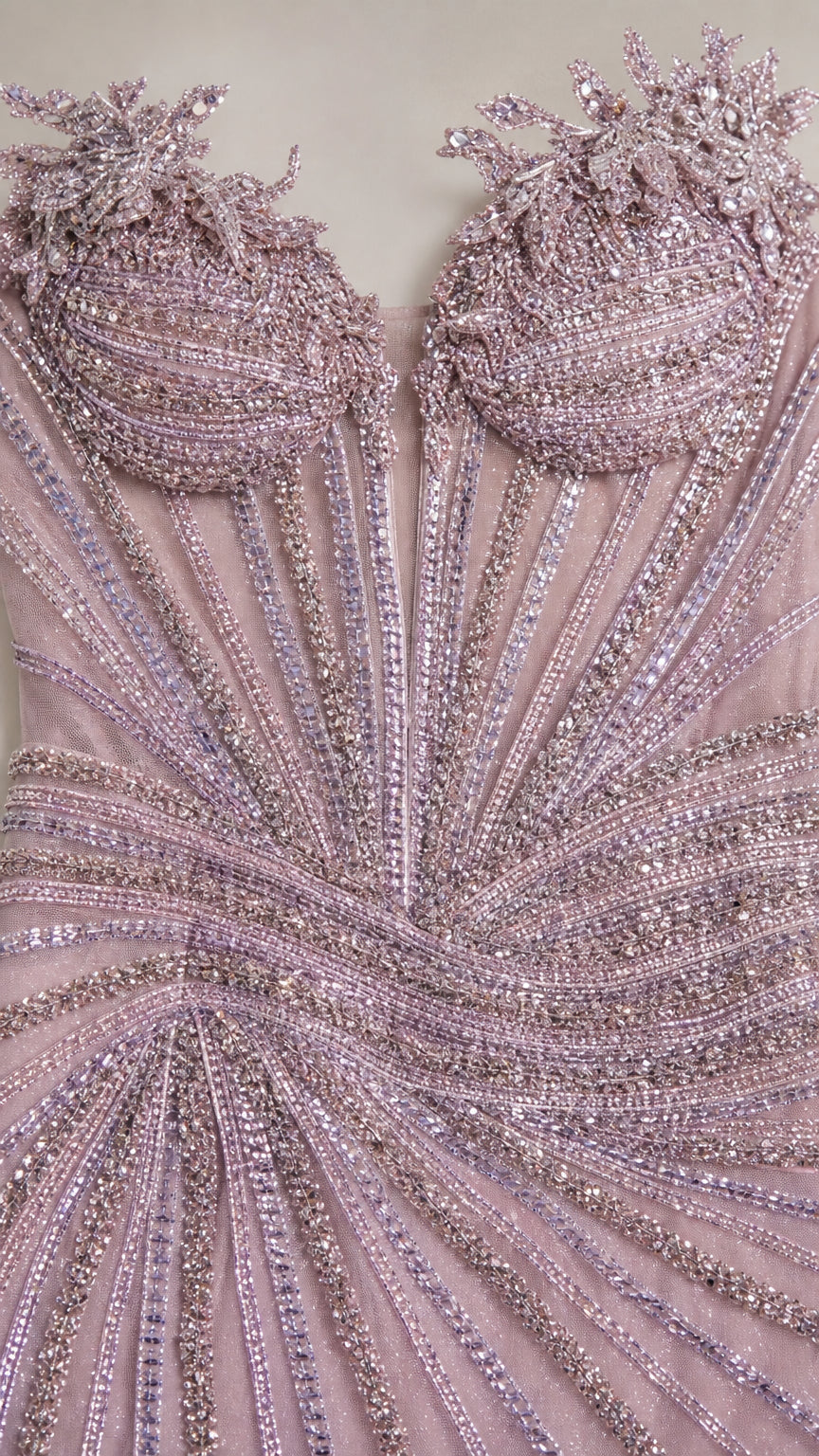 Close-up detail of crystal beadwork and sweetheart bodice