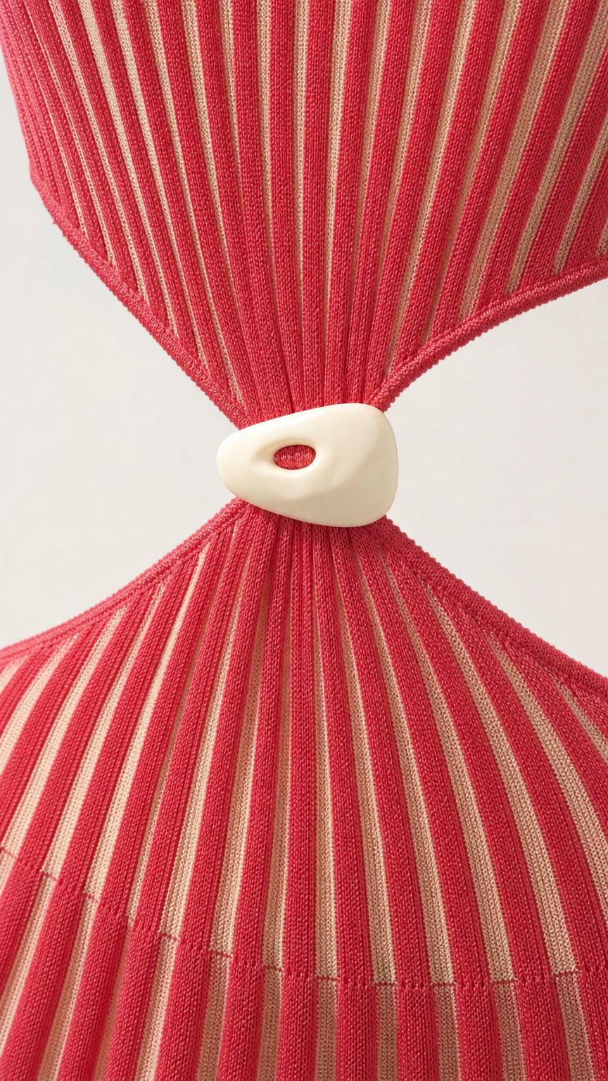 Close-up detail of the waist cut-out and center hardware accent