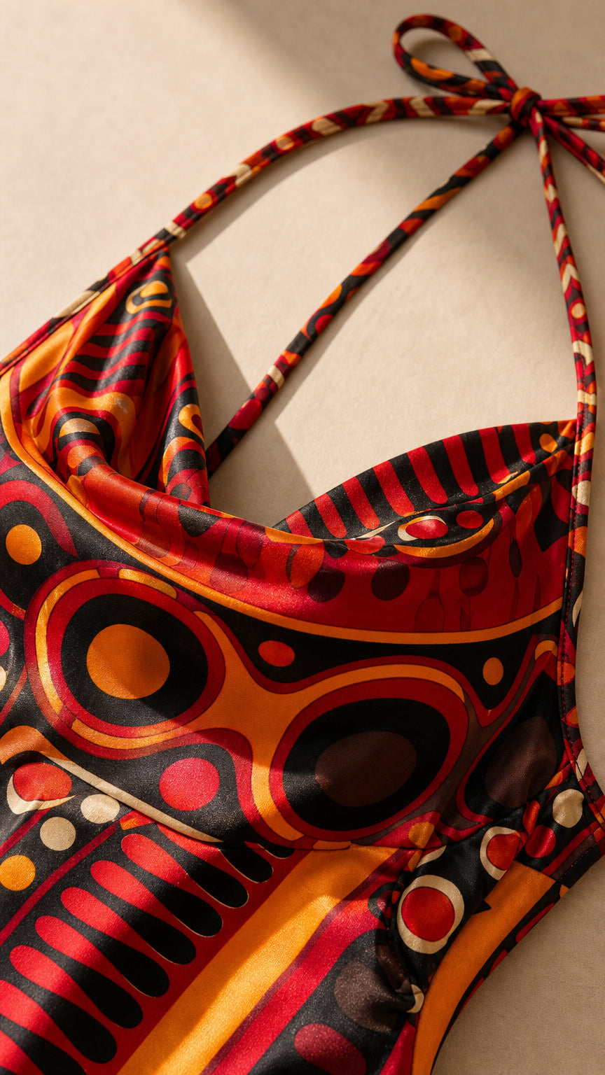 Close-up detail of halter neck straps and smooth patterned fabric
