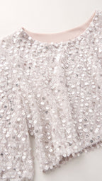 Close-up detail of silver sequin texture and crew neckline