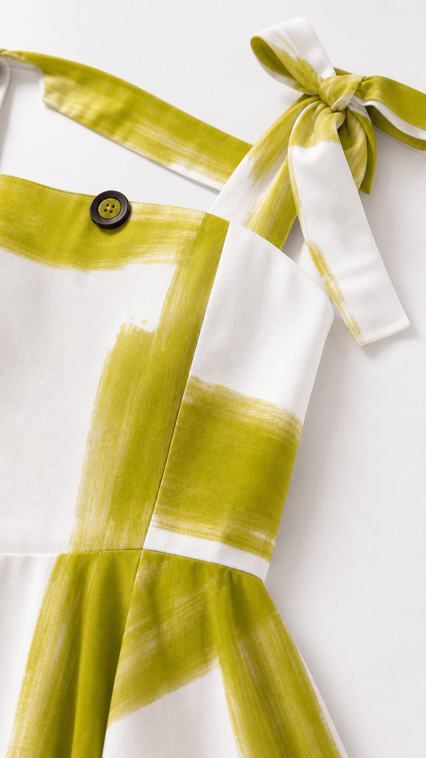 Close-up of tie shoulder straps and button detail on maxi dress