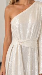 Close-up detail of white sequin bodice and waist tie