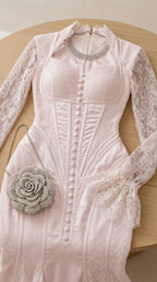 Close-up of pink dress bodice, lace sleeves, and button details