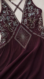 Close-up detail of sequin and beadwork on the bodice