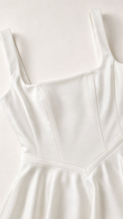 Close-up detail of white dress bodice and square neckline
