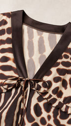 Close-up of the V-neck tie-front detail and animal print fabric