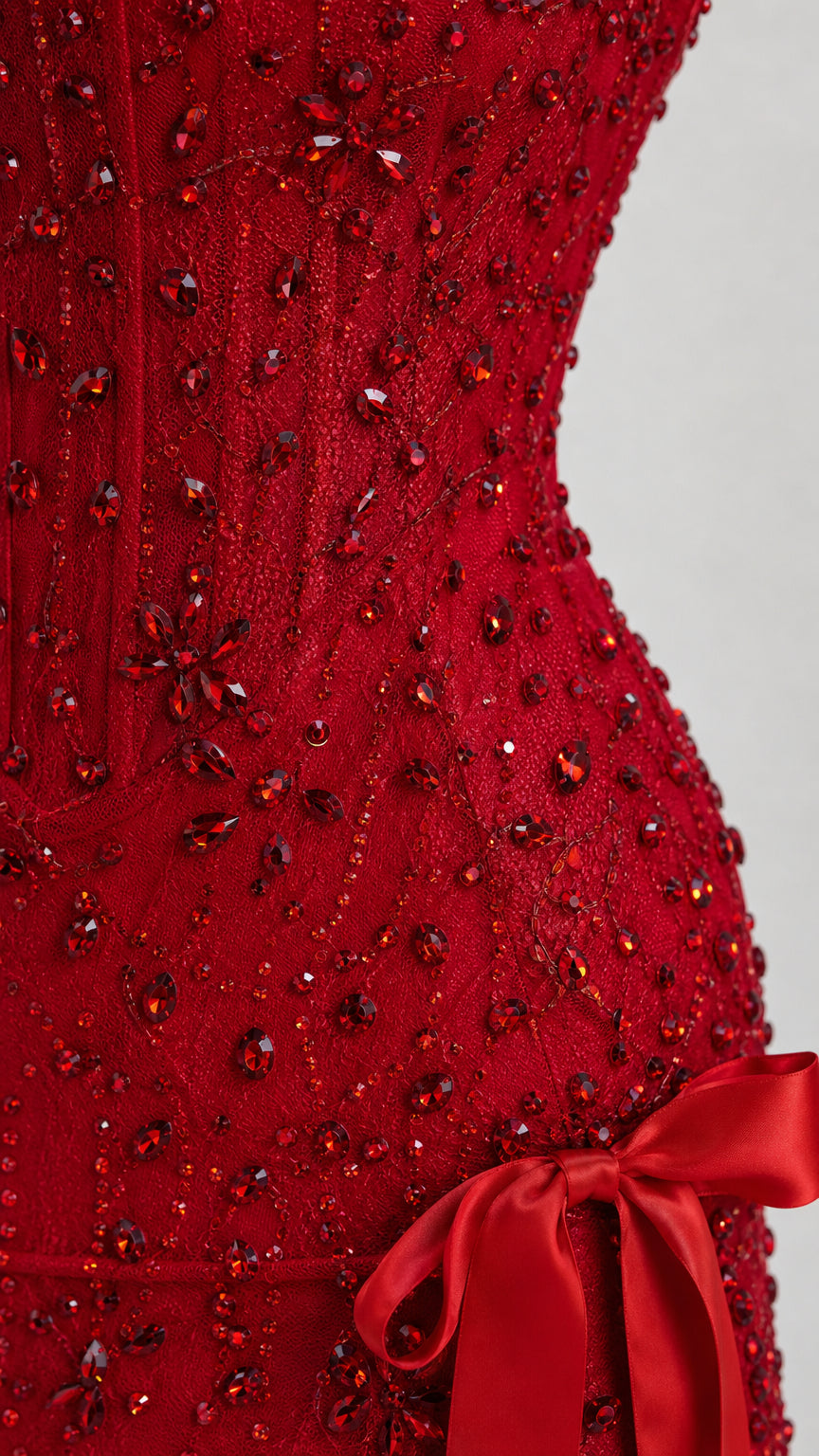 Close-up detail of red beading and satin bow accent