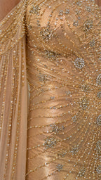 Close-up detail of beadwork and sequins on the dress