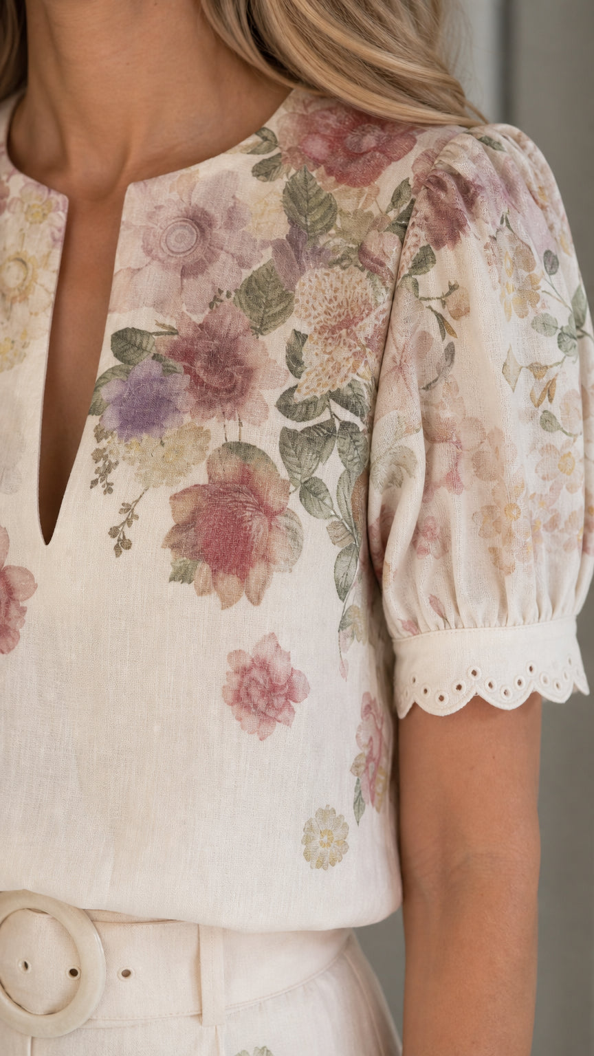 Close-up detail of the off-white floral top neckline and sleeve