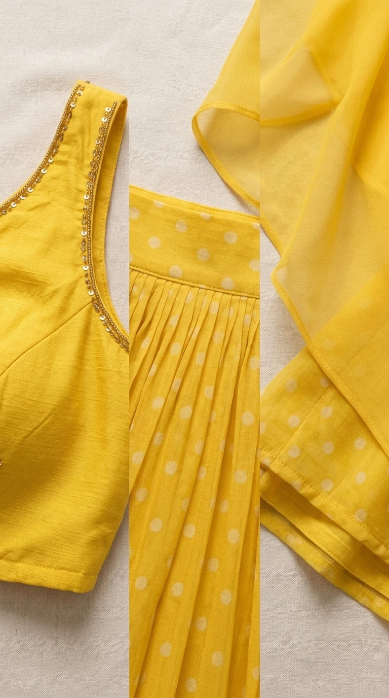 Detailed flat lay showing sequin neckline and dotted pleated fabric