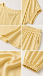 Close-up details of yellow fabric, neckline, gathered sleeves, elastic waist, and pockets