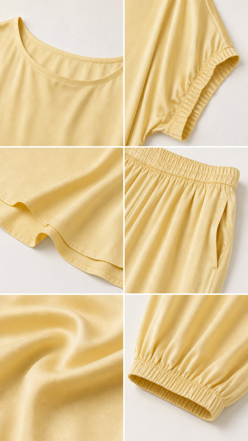 Close-up details of yellow fabric, neckline, gathered sleeves, elastic waist, and pockets