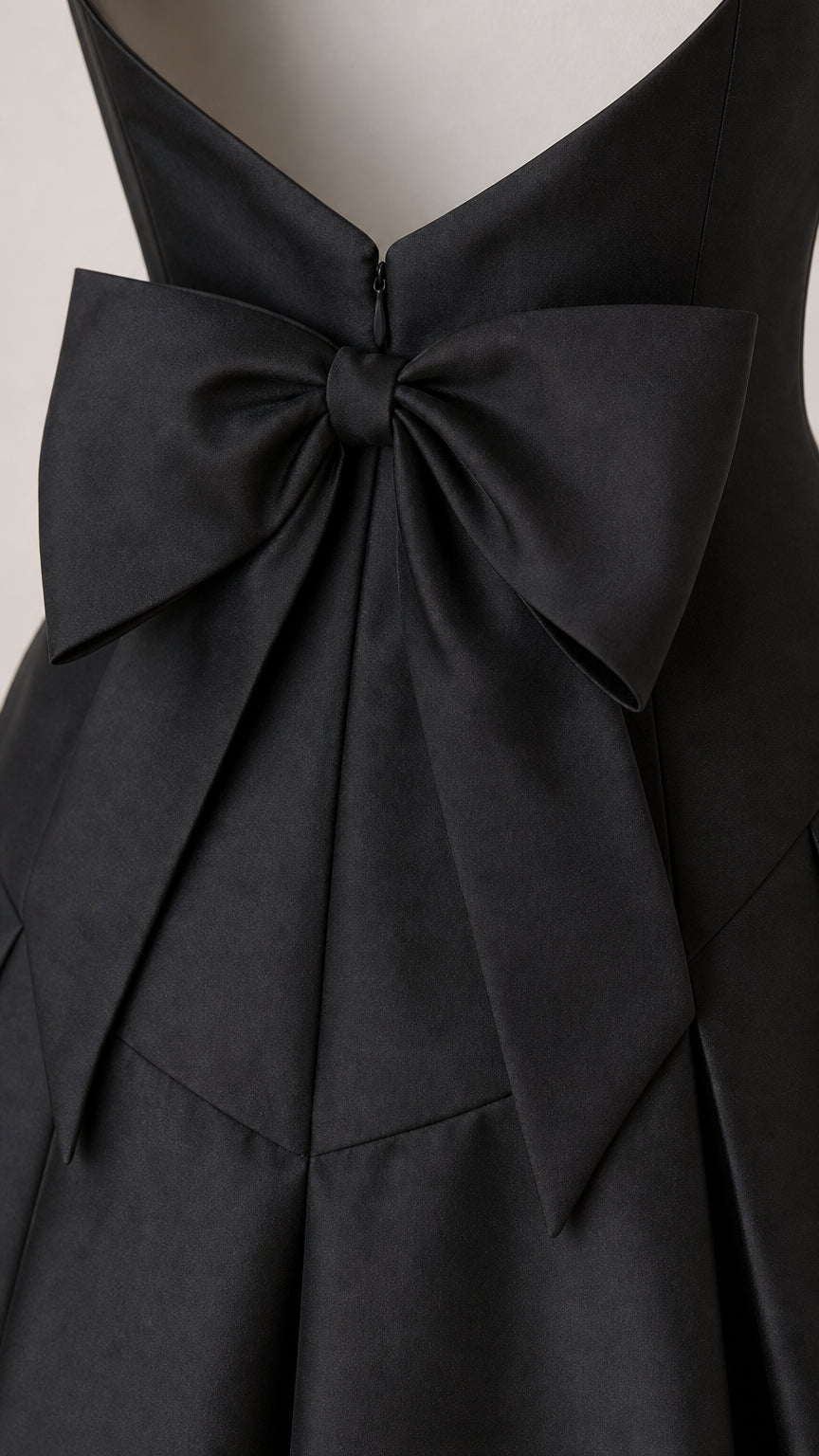 Close-up detail of the back zipper and bow on the black gown