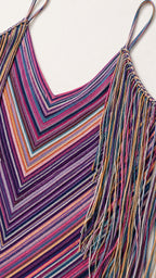 Close up of V-neckline and multi-color fringe trim