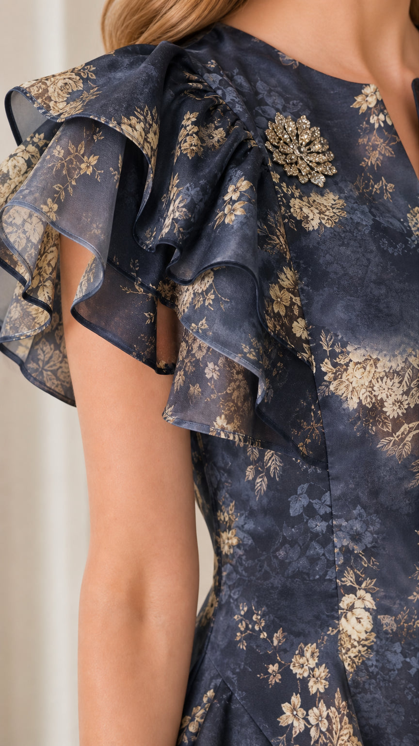 Close-up of flutter sleeves and fabric texture on navy dress