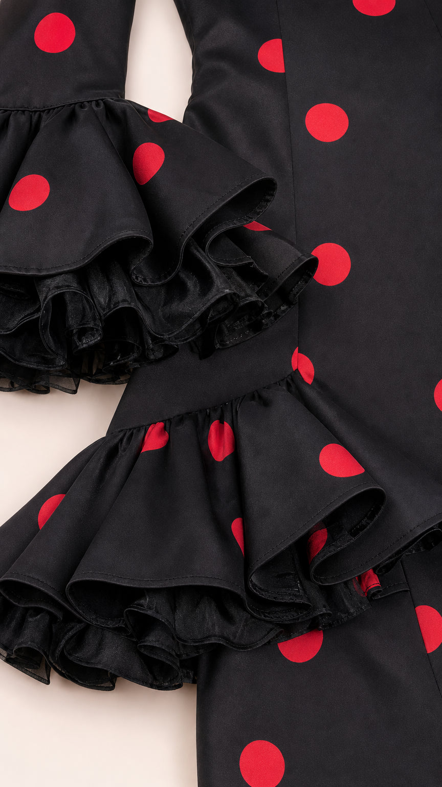 Close-up detail of layered ruffle cuffs on long sleeves