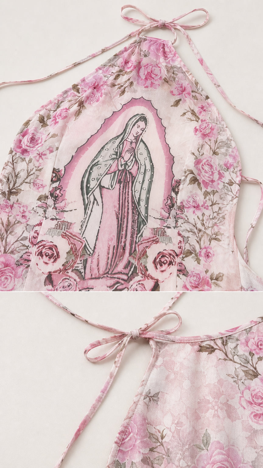 Close-up of graphic detail and halter tie straps