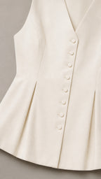 Close up of white vest button details and peplum hem