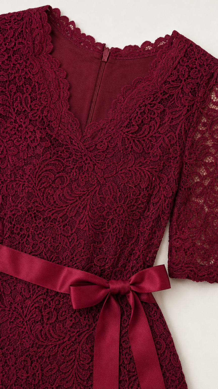 Close-up detail of V-neck lace pattern and satin waist bow