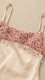 Close-up of the sequin and beaded bodice detail