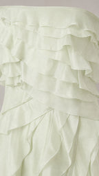 Close-up detail of tiered ruffles on sage green dress