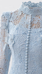 Close-up detail of the high neckline, lace pattern, and covered buttons