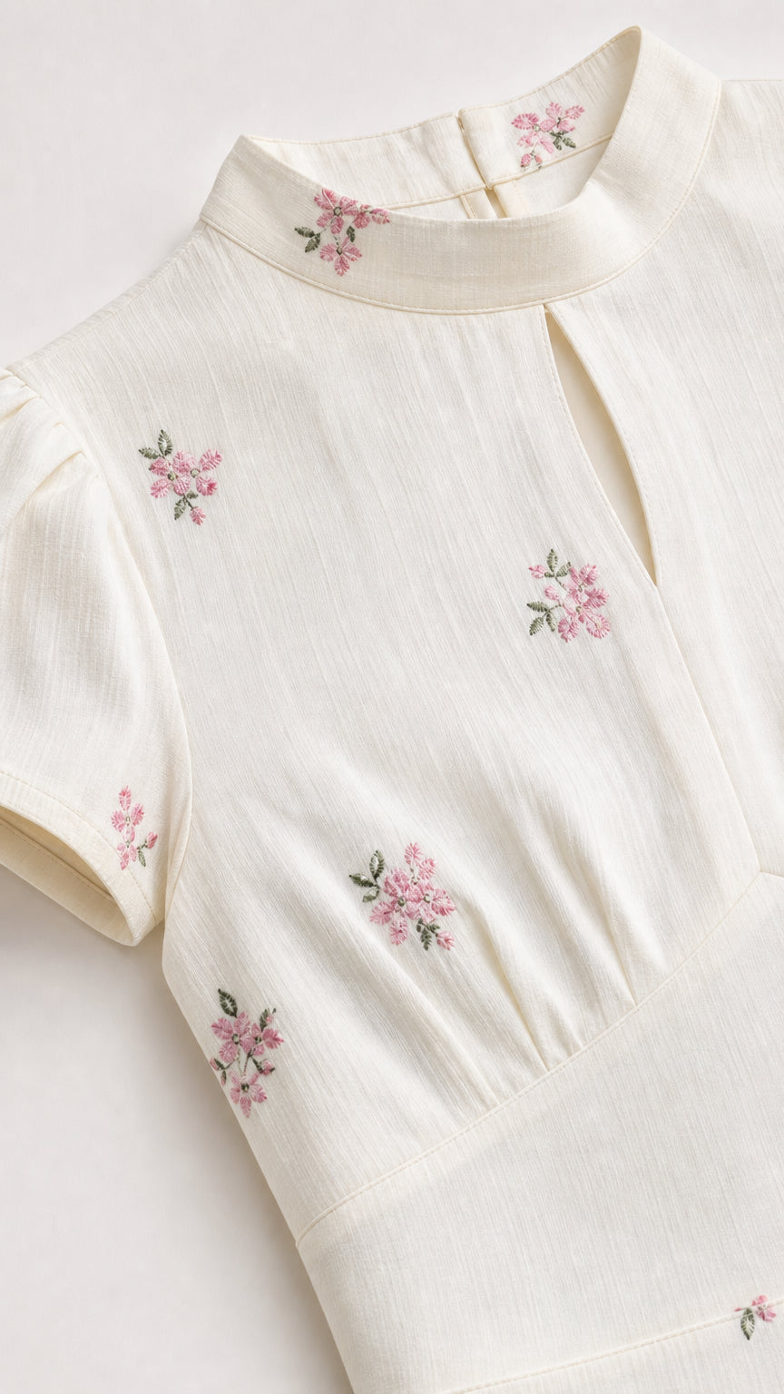 Close-up of mock neck, keyhole, and floral embroidery detail