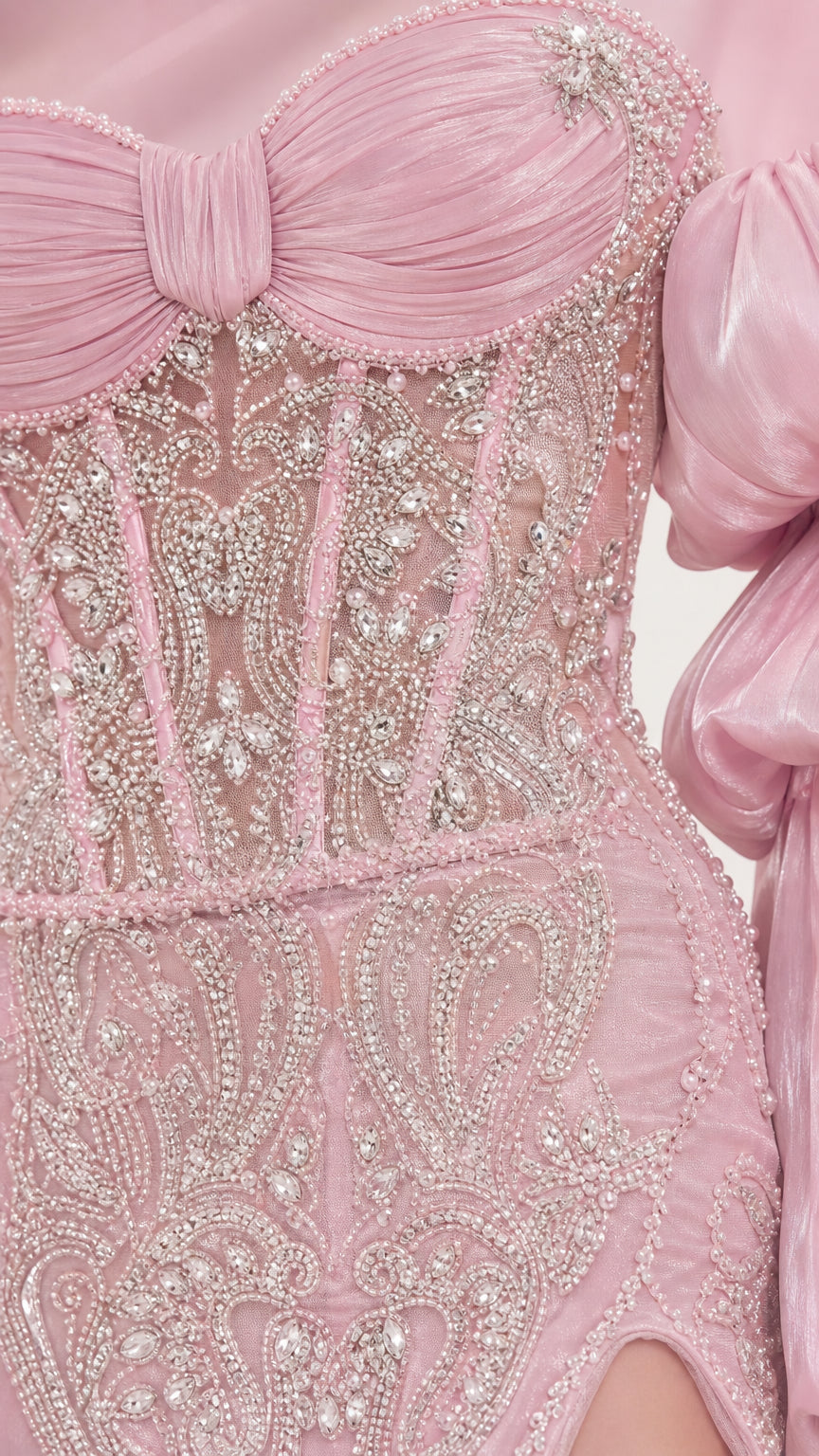 Close-up detail of the beaded corset bodice and sweetheart neckline