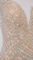 Macro close-up detail of intricate beadwork and sequin embellishments
