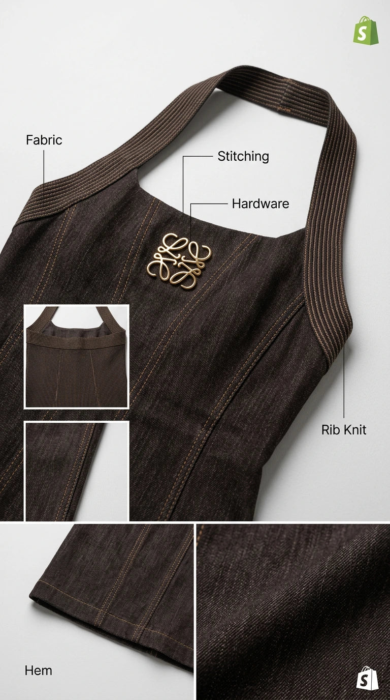 Close-up detail of fabric texture, hardware, and stitching