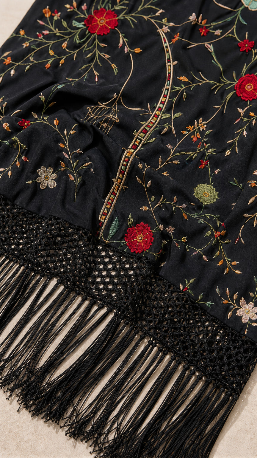 Close-up detail of embroidery and fringe hem on black dress