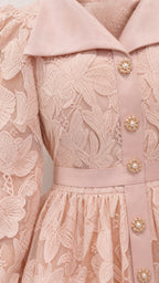 Close-up detail of lapel collar and floral lace texture on pink dress