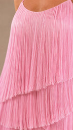 Close-up detail of the cascading pink fringe layers