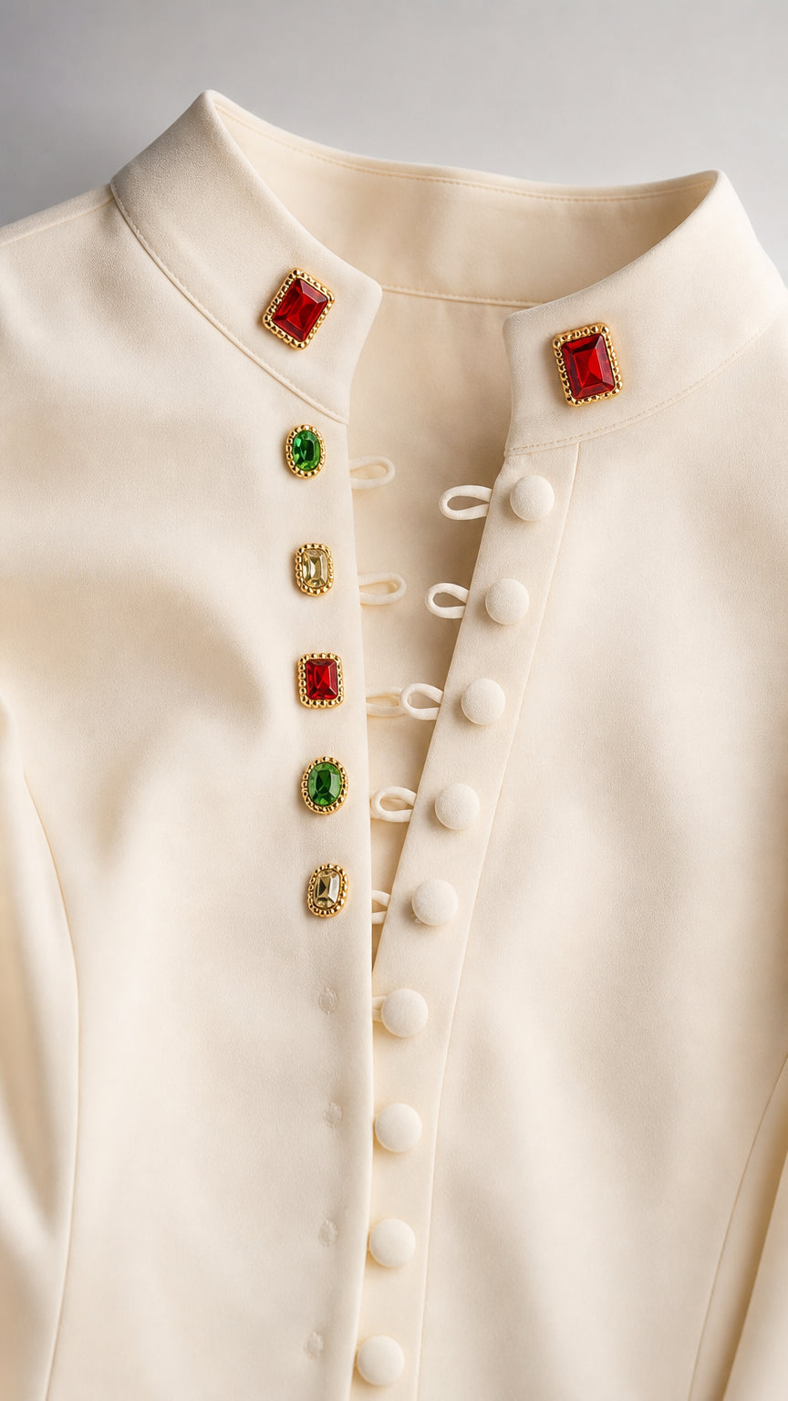 Close-up of gemstone buttons on Cream dress